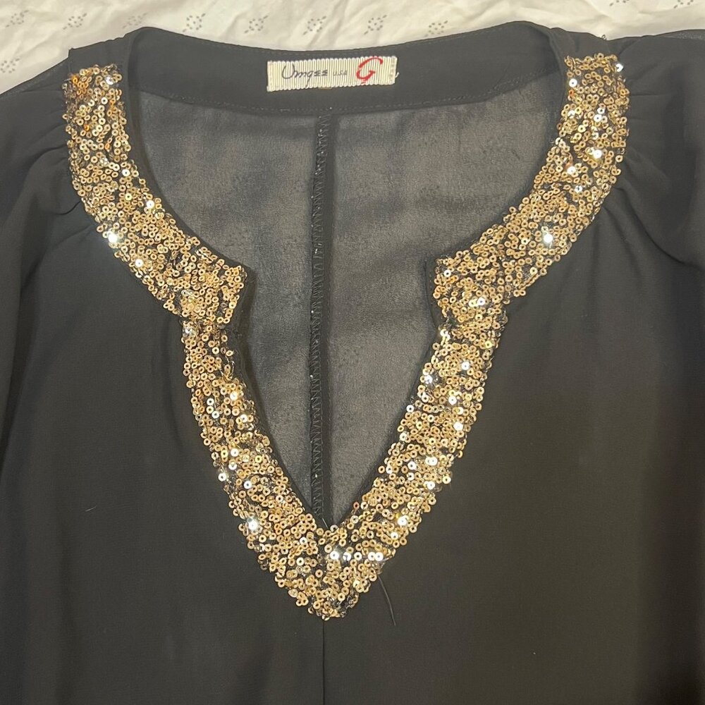 Umgee S Black Batwing Gold Sequin Top USA Sheer Layering Fairy Goth Whimsical - Picture 3 of 16